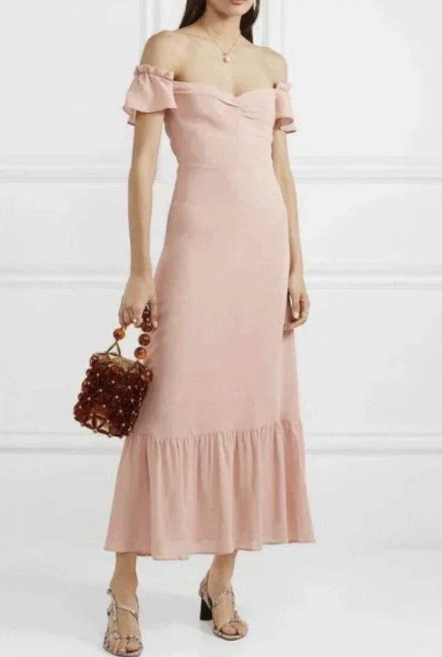 Reformation Butterfly Off-the-Shoulder Ruffle Crepe Midi Dress Blush Pink Size 2